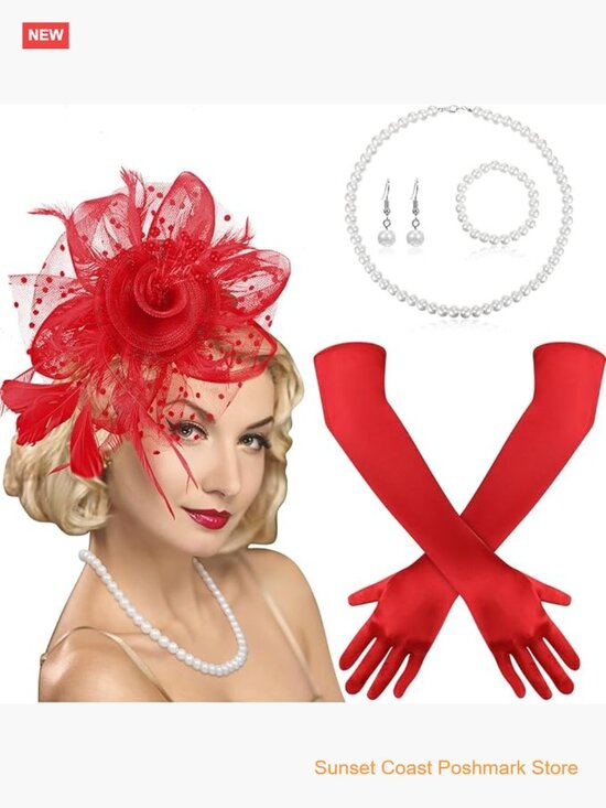 5pc Tea Party Accessory Set Fascinator Hat Gloves Pearl Jewelry Derby Cocktail main image 5